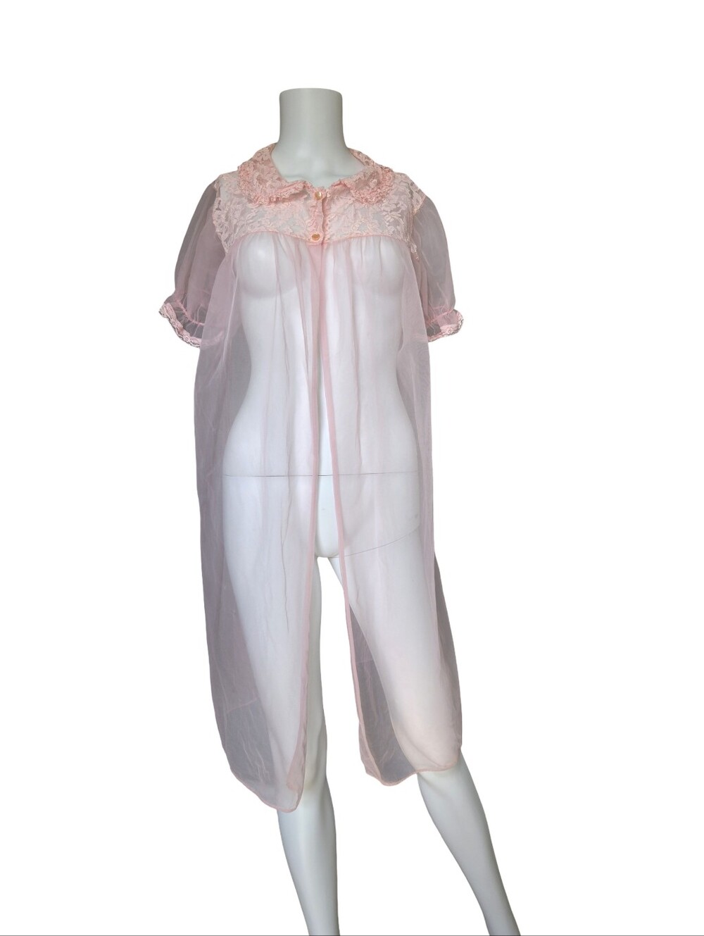 Vintage Pink Peignoir Sheer Babydoll Robe Nylon Lace Made in USA